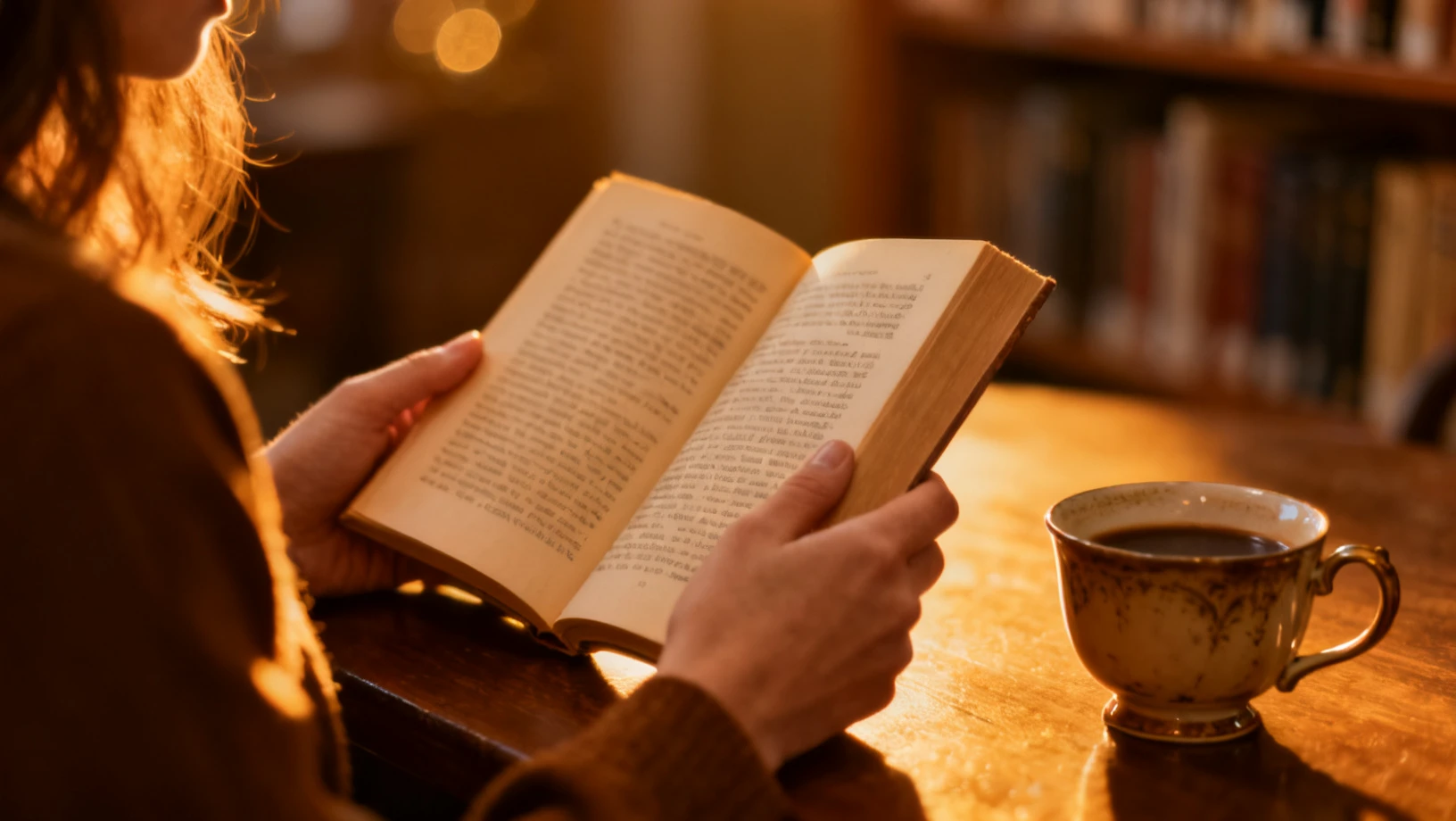 Lectrice absorbée par un livre dans une lumière dorée